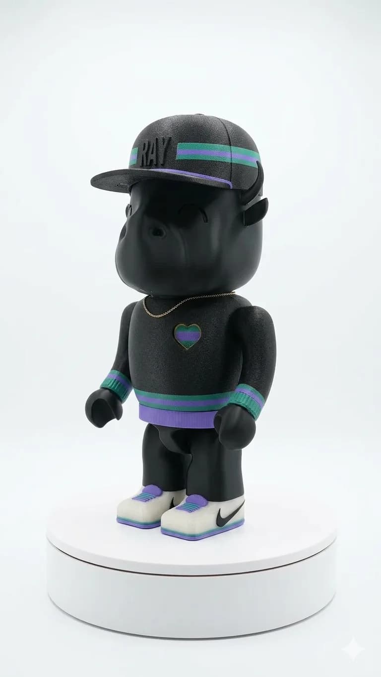 Ray, a custom Happi Buffalo with a RAY cap, gold chain, striped sweater, and custom sneakers