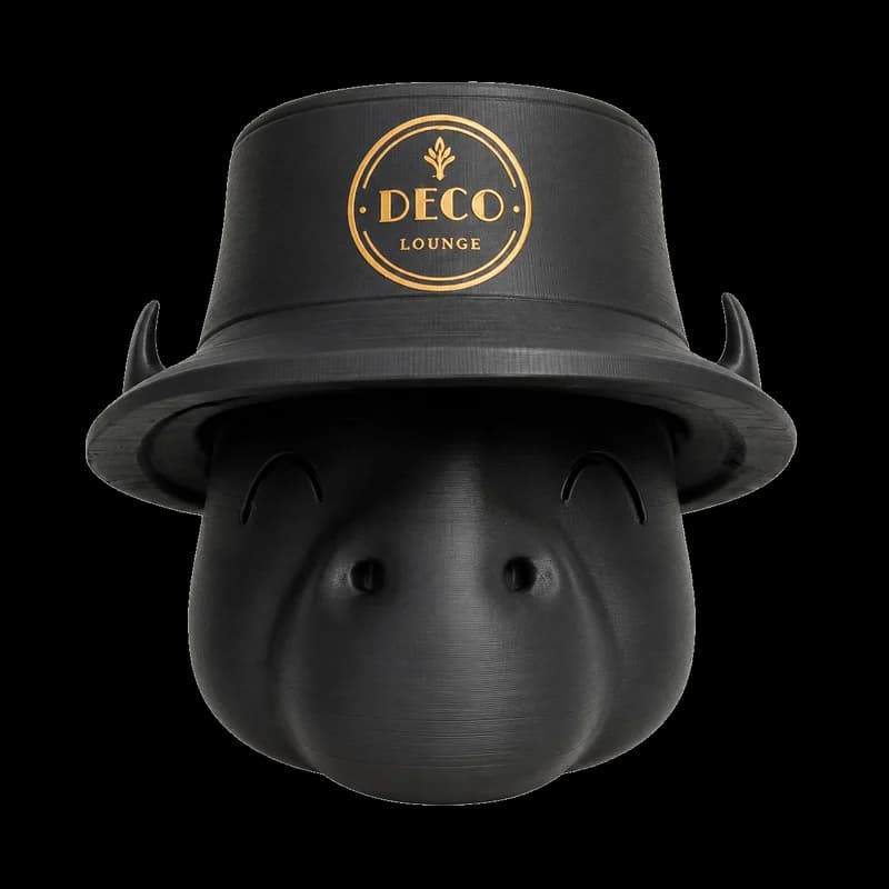 A Happi Buffalo wearing a bucket hat
